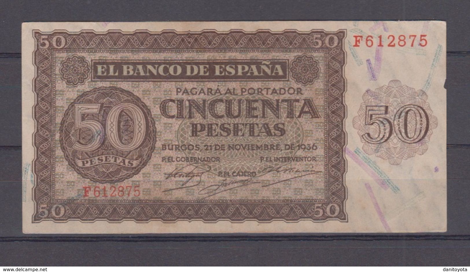 EDIFIL 420a.   50 PTAS 21 DE NOVIEMBRE DE 1936 SERIE F. CONSERVACIÓN MBC+ - 50 Pesetas