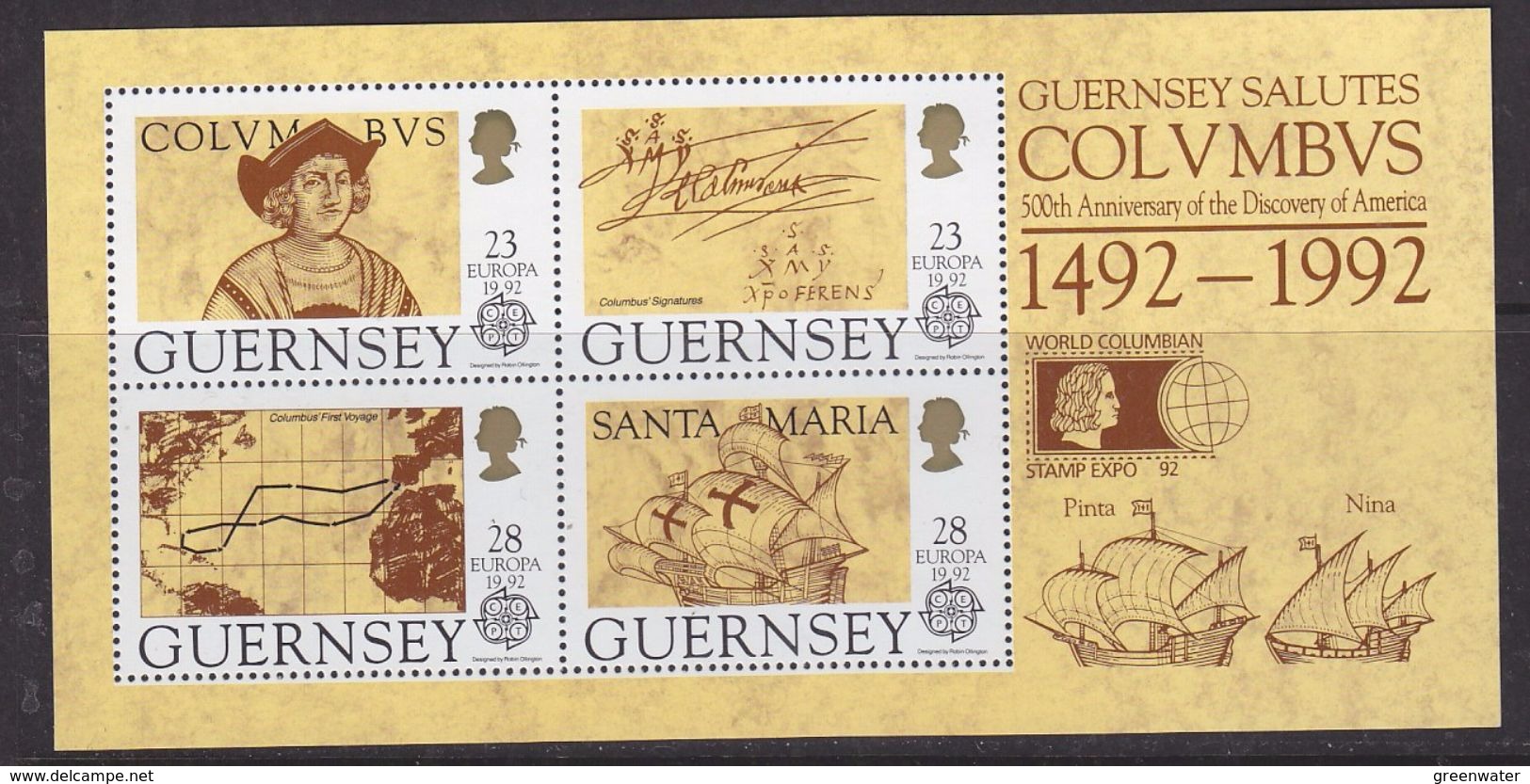 Europa Cept 1992 Guernsey M/s  Ovtpd "World Columbian Stamp Expo (Chicago) ** Mnh (37075A) - 1992