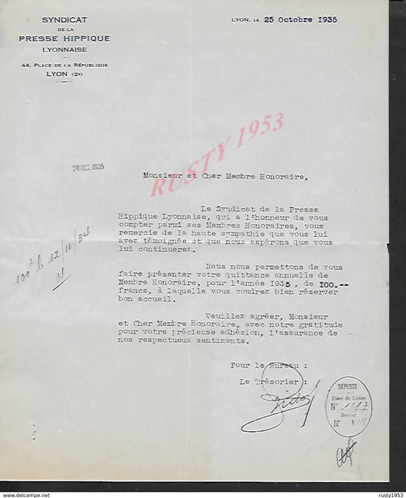 EQUITATION LETTRE COMMERCIALE DE 1935 SYNDICAT DE LA PRESSE HIPPIQUE LYONNAISE LYON PLACE DE LA REPUBLIQUE : - Equitation