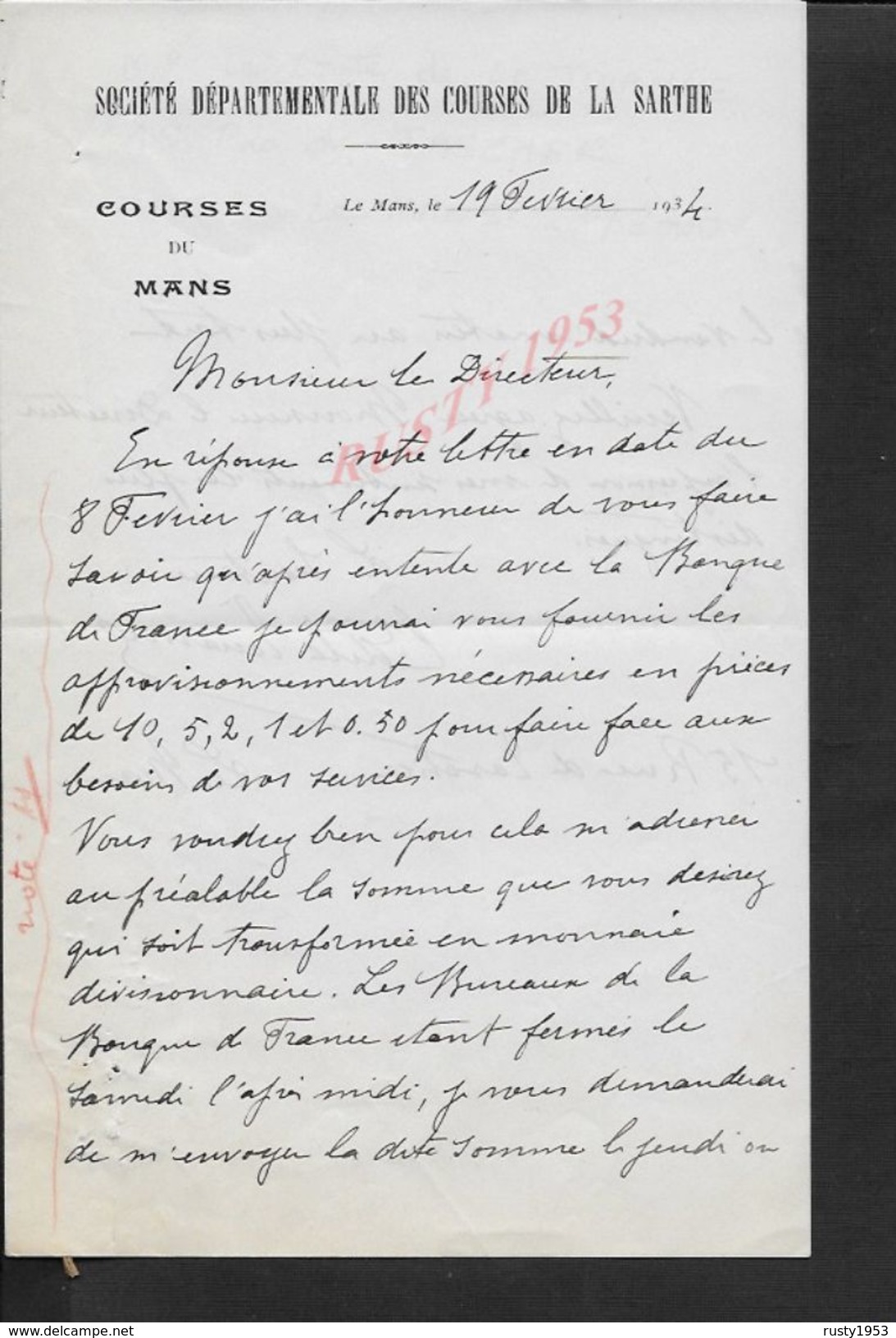 EQUITATION LETTRE COMMERCIALE DE 1934 SOCIETE DEPARTEMENTALE DES COURSES DE LA SARTHE LE MANS : - Equitation