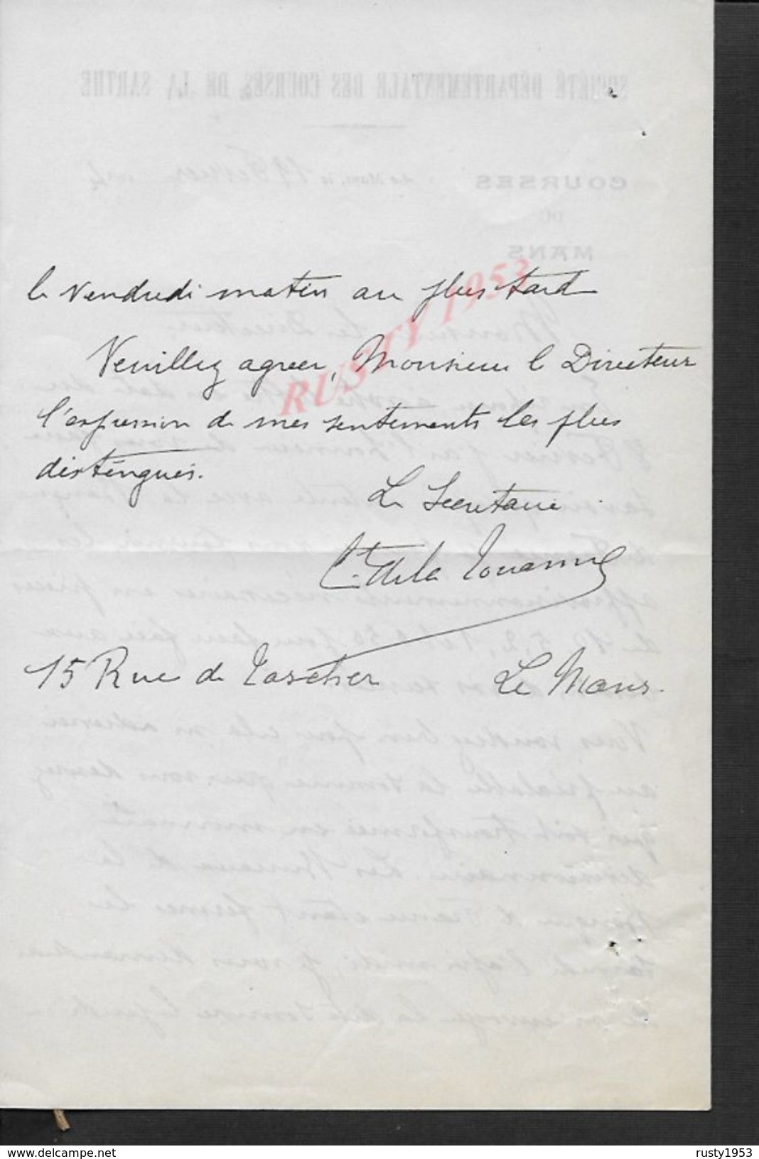 EQUITATION LETTRE COMMERCIALE DE 1934 SOCIETE DEPARTEMENTALE DES COURSES DE LA SARTHE LE MANS : - Equitation