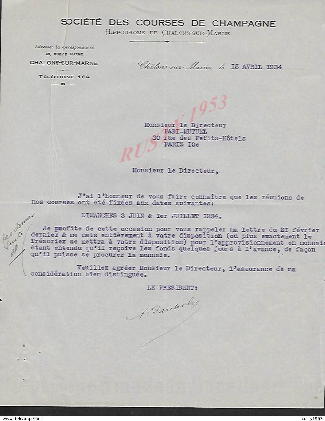 EQUITATION LETTRE COMMERCIALE DE 1934 SOCIETE DE COURSES DE CHAMPAGNE CHALONS SUR MARNE  : - Hipismo