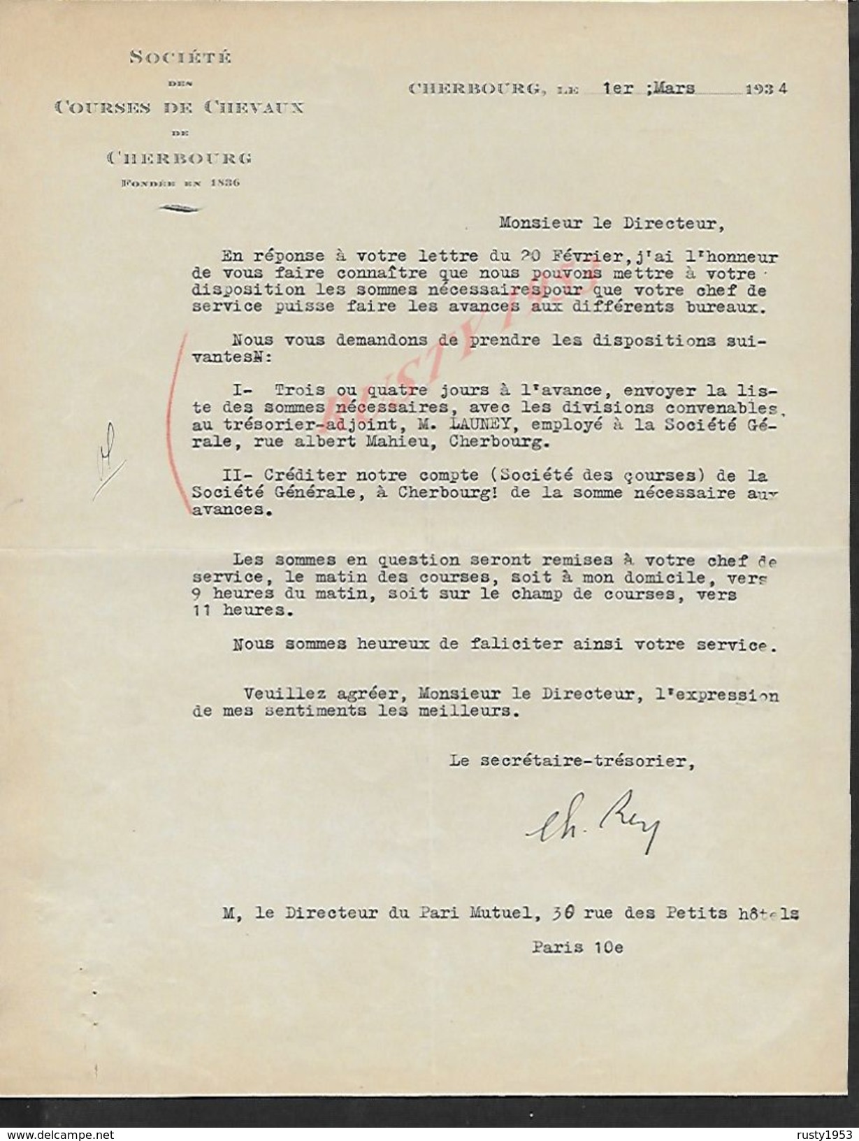 EQUITATION LETTRE COMMERCIALE DE 1934 SOCIETE DES COURSES DE CHEVAUX DE CHERBOURG  : - Equitation