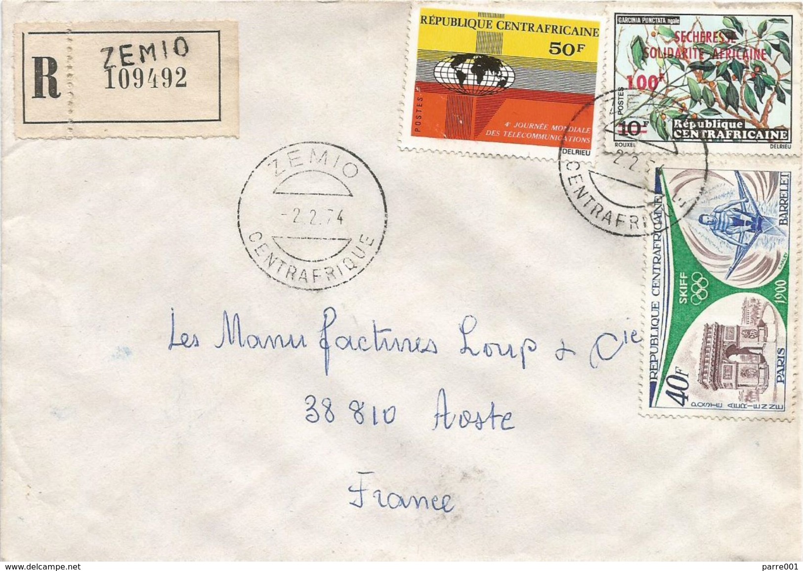 RCA CAR Centrafrique 1974 Zemio Drought Overprint 100f On 10f Skiff Arc De Triomph Paris Registered Cover - Centraal-Afrikaanse Republiek