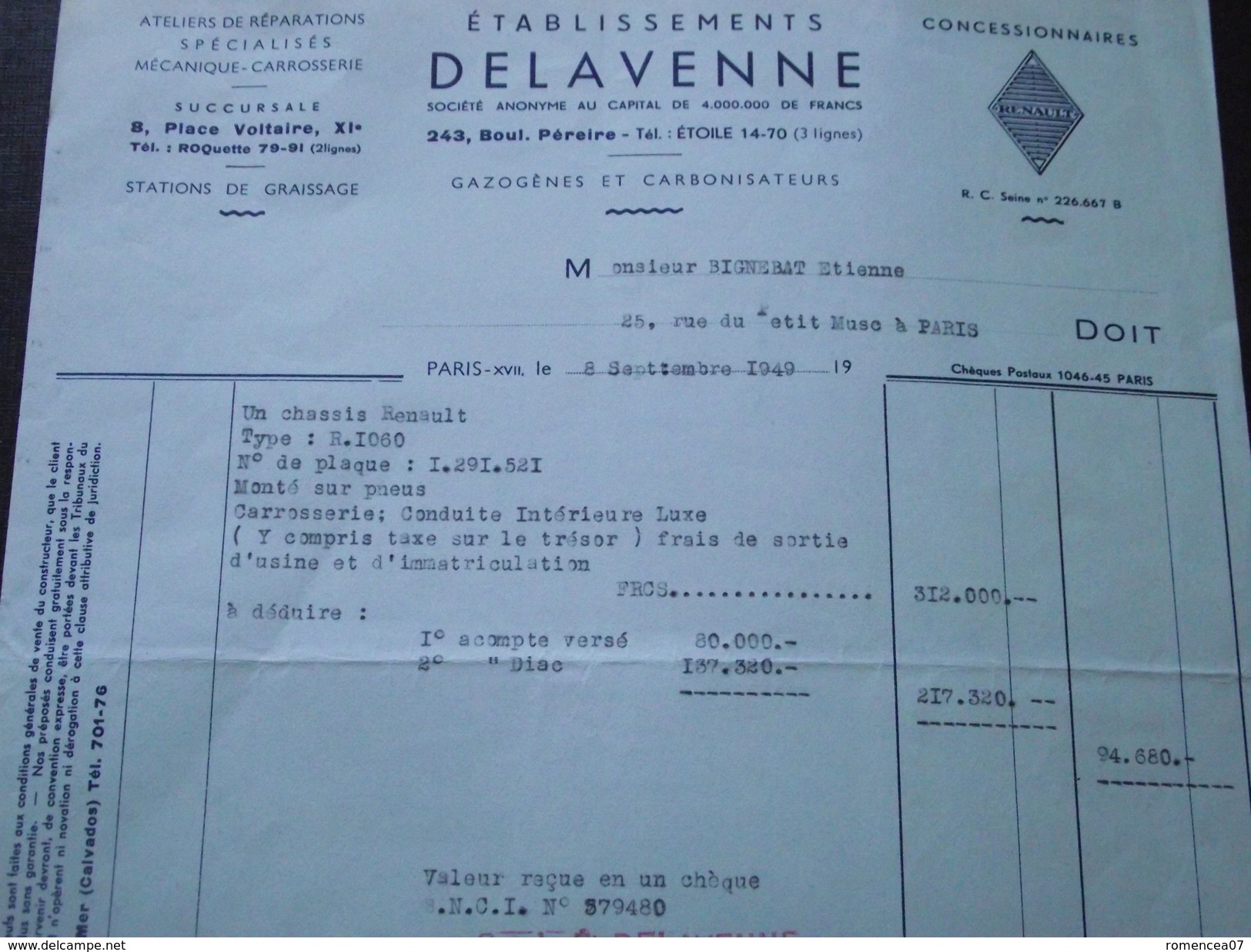 PARIS - Ets DELAVENNE - Facture Du 8 Septembre 1949 - Pour Une Renault R 1060 - A Voir ! - Cars