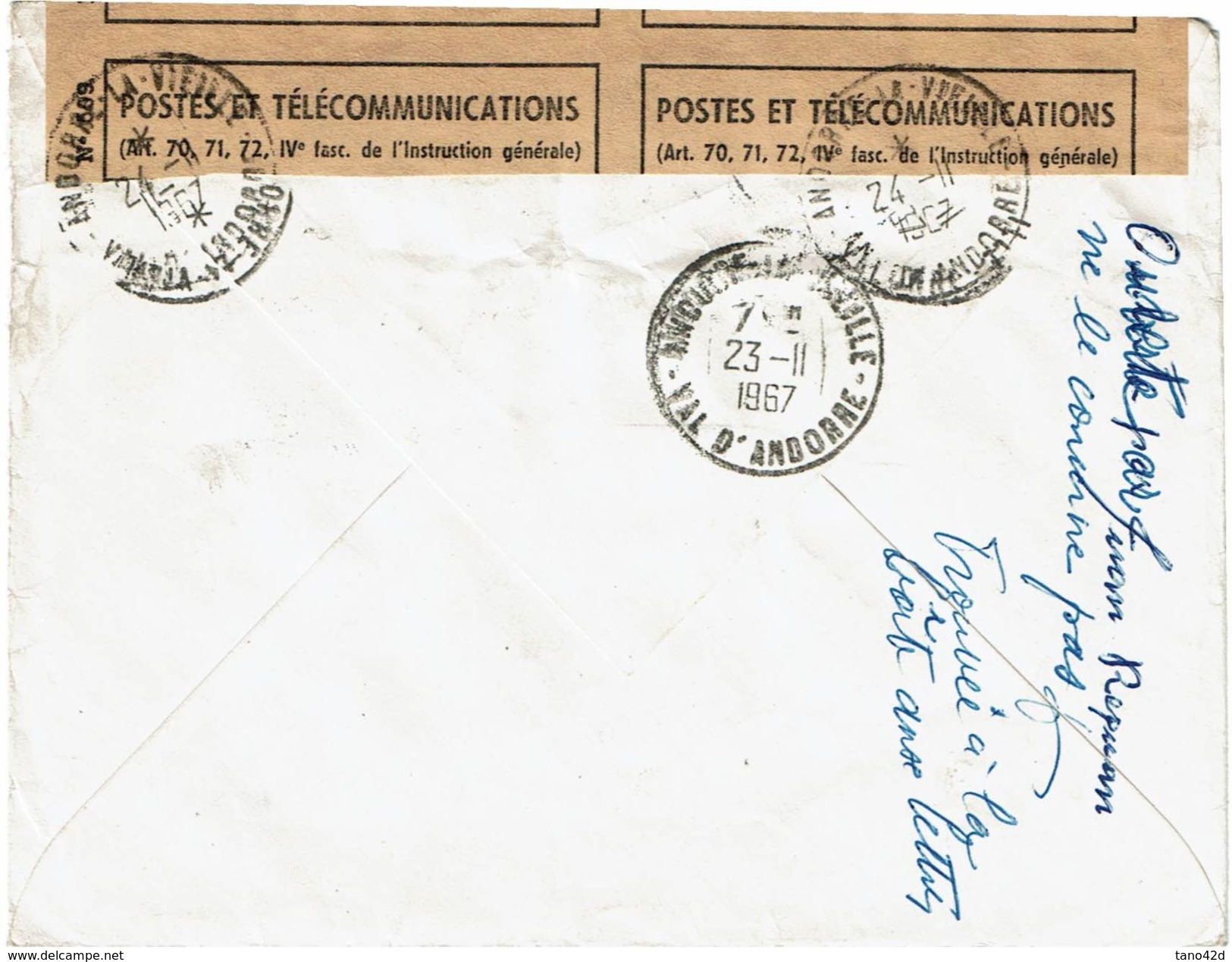 CTN52B - NOVEMBRE 1967 LETTRE DE FRANCE POUR ANDORRE LA VIEILLE NON DISTRIBUEE TAXEE ET ENVOYEE AUX REBUTS - Covers & Documents