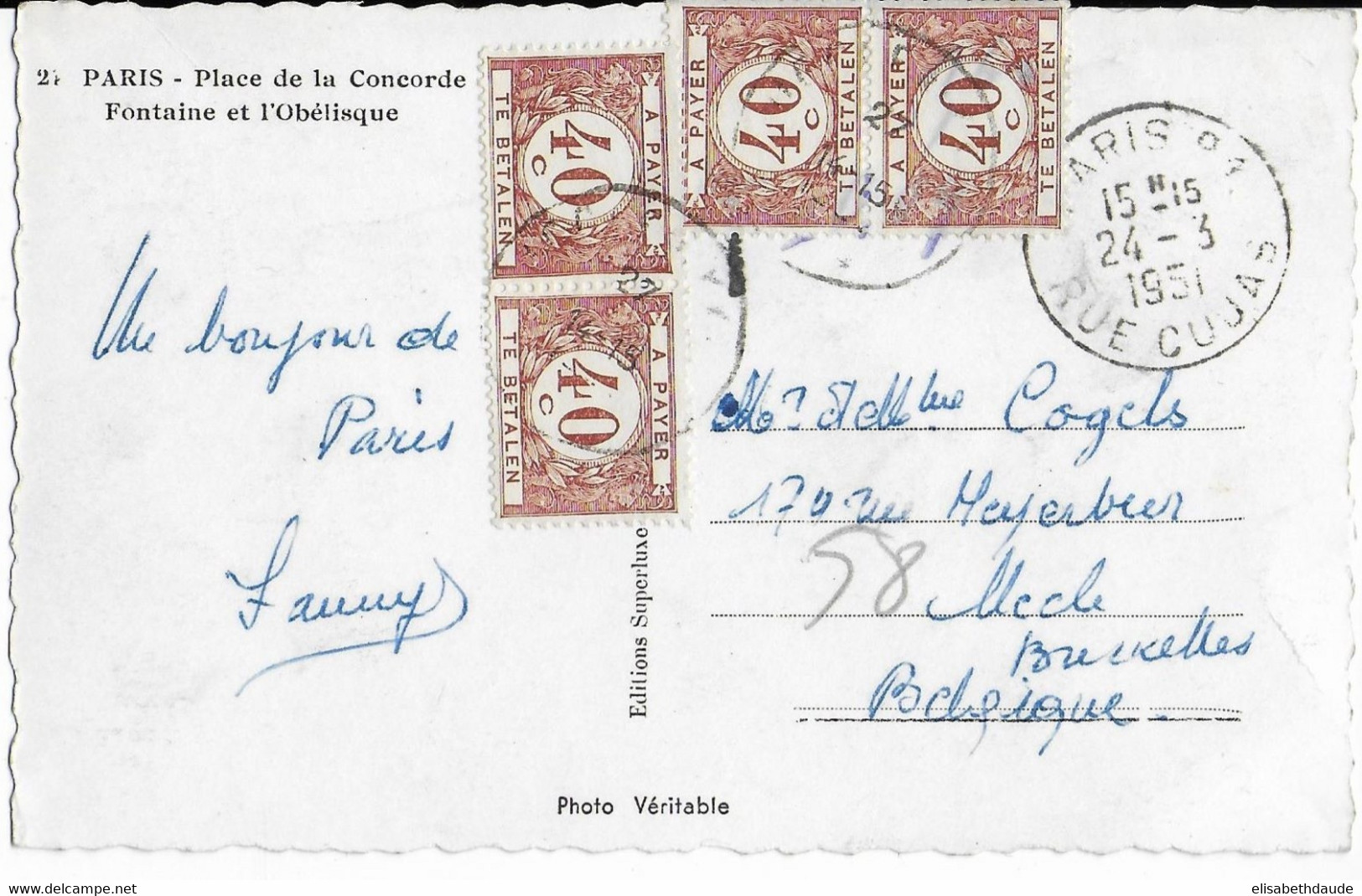 1951 - CARTE De PARIS NON AFFRANCHIE  => BRUXELLES (BELGIQUE) Avec TAXE - Brieven En Documenten