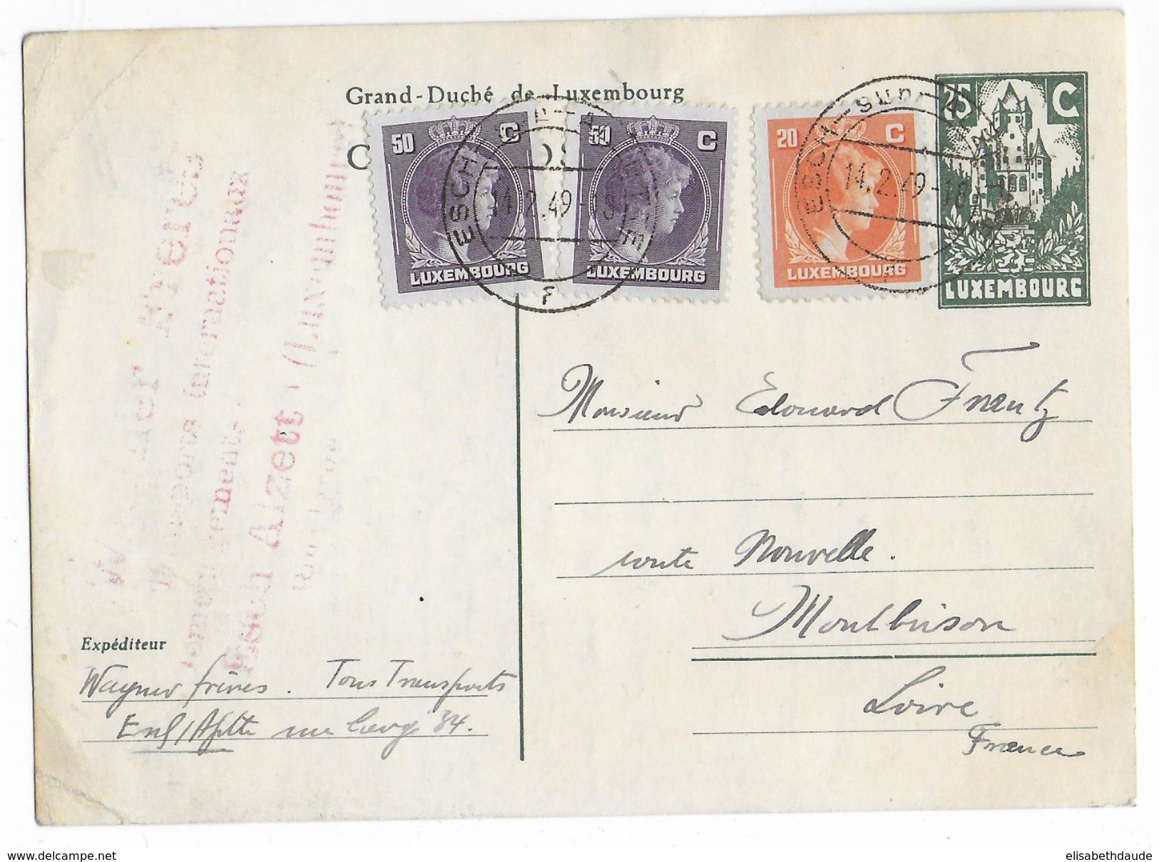 1949 - LUXEMBOURG - CARTE ENTIER POSTAL De ESCH SUR ALZETTE => MONTBRISON (LOIRE) - Postwaardestukken