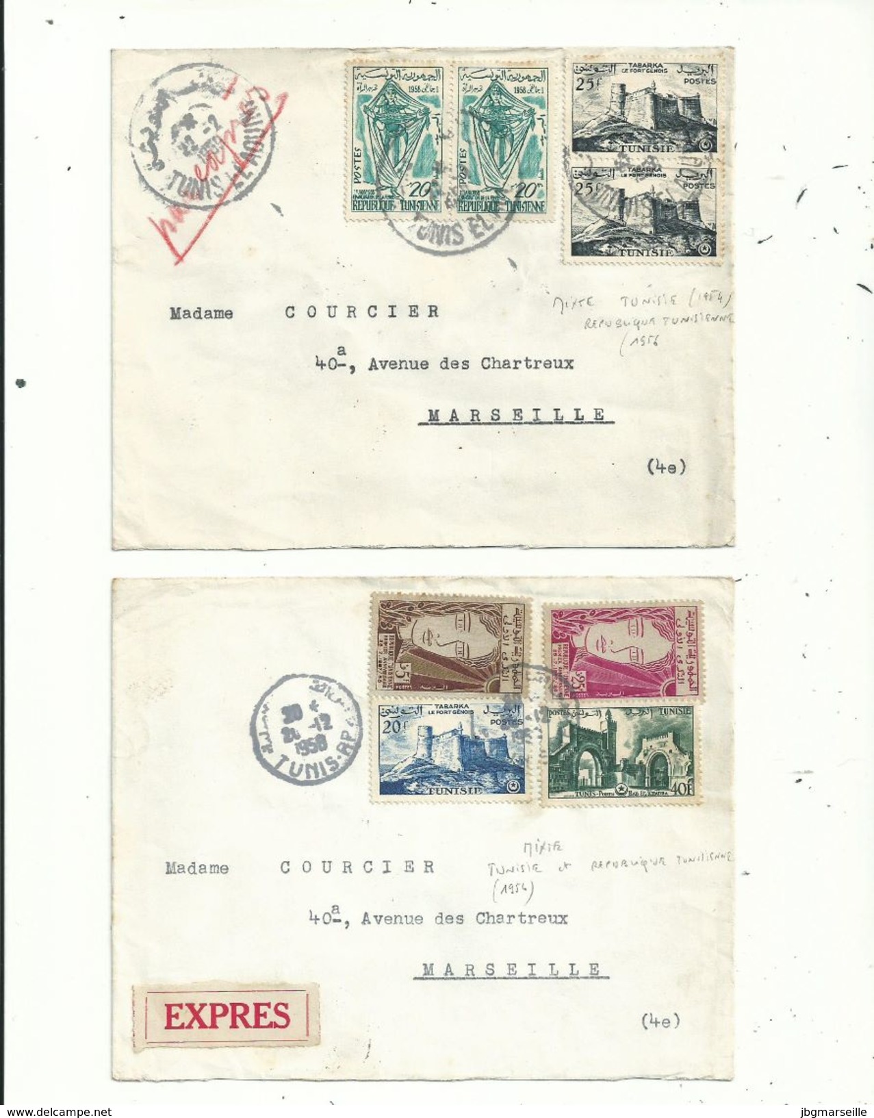 2 L "EXPRESS" De TUNIS Pour MARSEILLE....1958/1959...avec Timbres De TUNISIE Et De La République.TUNISIENNE............ - Tunisia (1956-...)