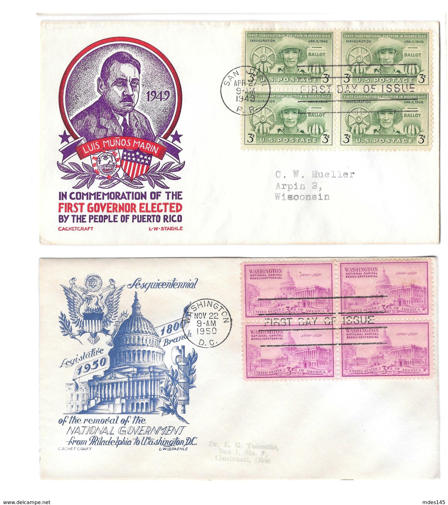 2 FDC Sc# 983 992 Puerto Rico Washington Sesquicentennial Cachetcraft Staehle Cachets Blks Of 4 - 1941-1950