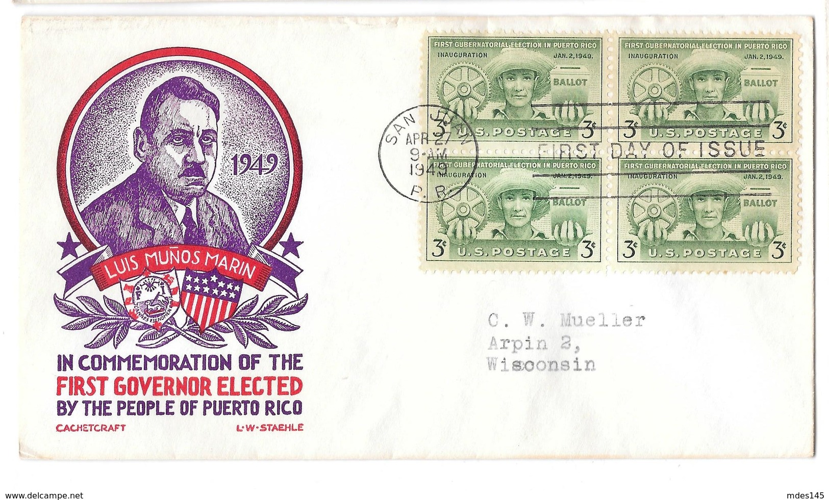 2 FDC Sc# 983 992 Puerto Rico Washington Sesquicentennial Cachetcraft Staehle Cachets Blks Of 4 - 1941-1950