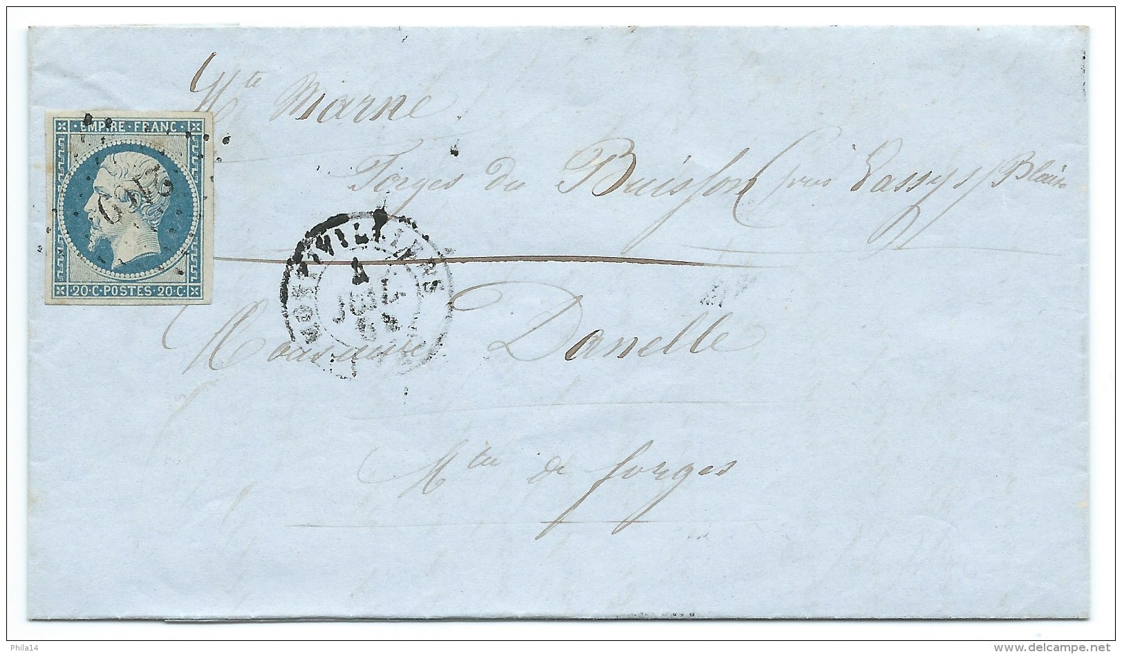 N° 14 BLEU LAITEUX NAPOLEON SUR LETTRE / MONTIVILLIERS POUR FORGES DU BUISSON / 4 JUIL 1854 / 1er MOIS D'EMISSION - 1849-1876: Classic Period