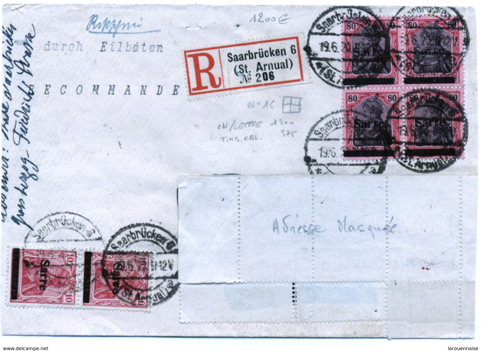 Lettre Recommandée De Saarbruck Pour Strasbourg: N°16 Bloc De 4 Plus N°6 X2.Tarif Du 6 . 5 .1920. 4ème échelon. - Lettres & Documents