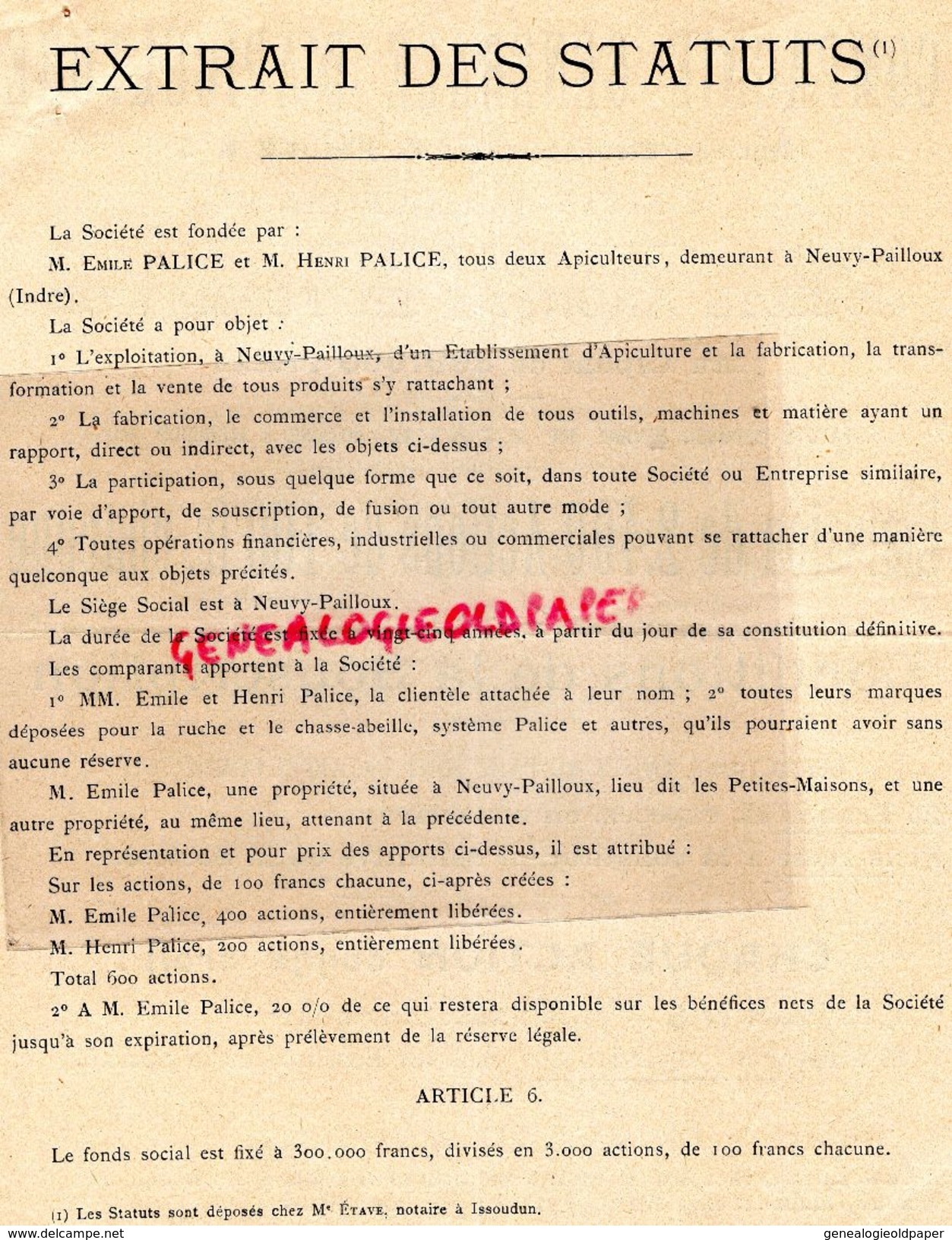 36 - NEUVY PAILLOUX-EXTRAITS STATUTSCOMPAGNIE GENERALE EMILE PALICE- APICULTURE MIEL-ABEILLES- ME ETAVE ISSOUDUN- - Agricultura