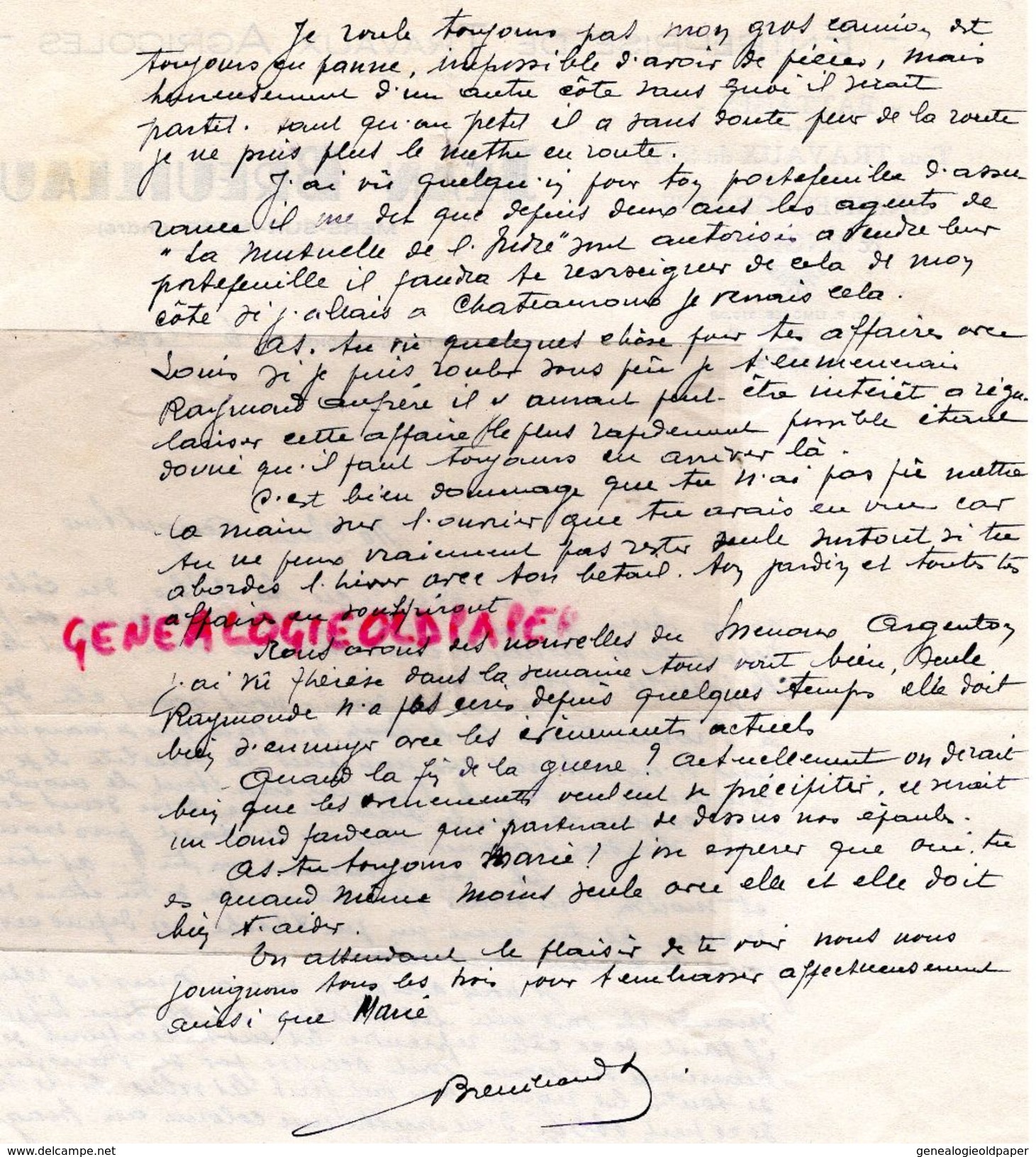 36 - MERS SUR INDRE- LETTRE MANUSCRITE SIGNEE JEAN BREUILLAUD- ENTREPRISE TRAVAUX AGRICOLES-BATTAGES-GRAINES GRAINS1940 - Landwirtschaft