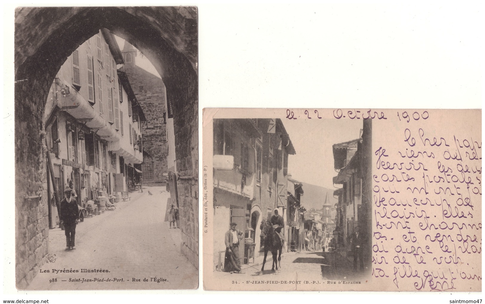 64 - SAINT-JEAN-PIED-DE-PORT . " RUE DE L'EGLISE " & " RUE D'ESPAGNE " . 2 CARTES POSTALES - Réf. N°5049 - - Saint Jean Pied De Port