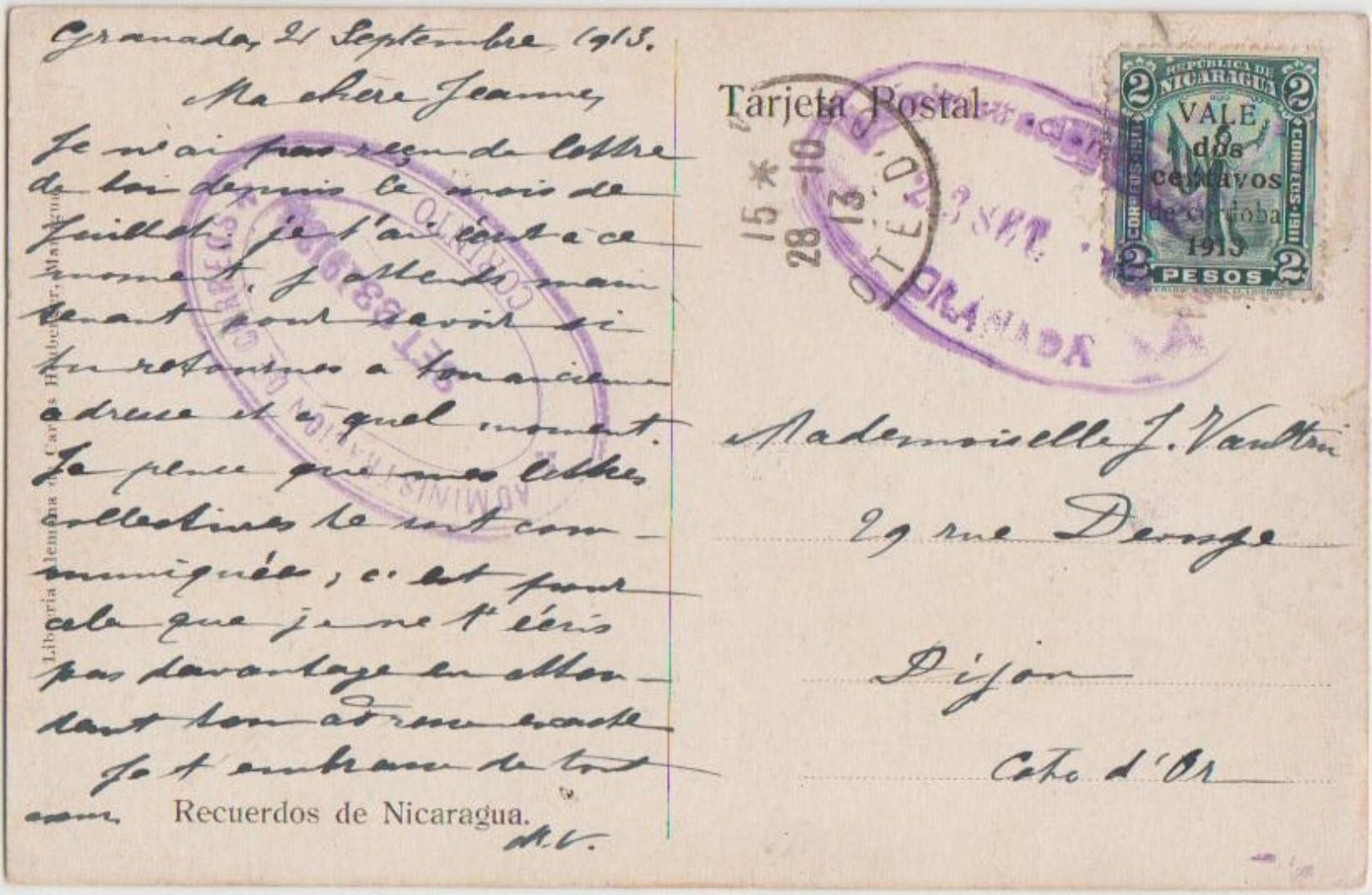 CPA NICARAGUA Recuerdos Granada Timbre Stamp Mark 1913 - Nicaragua