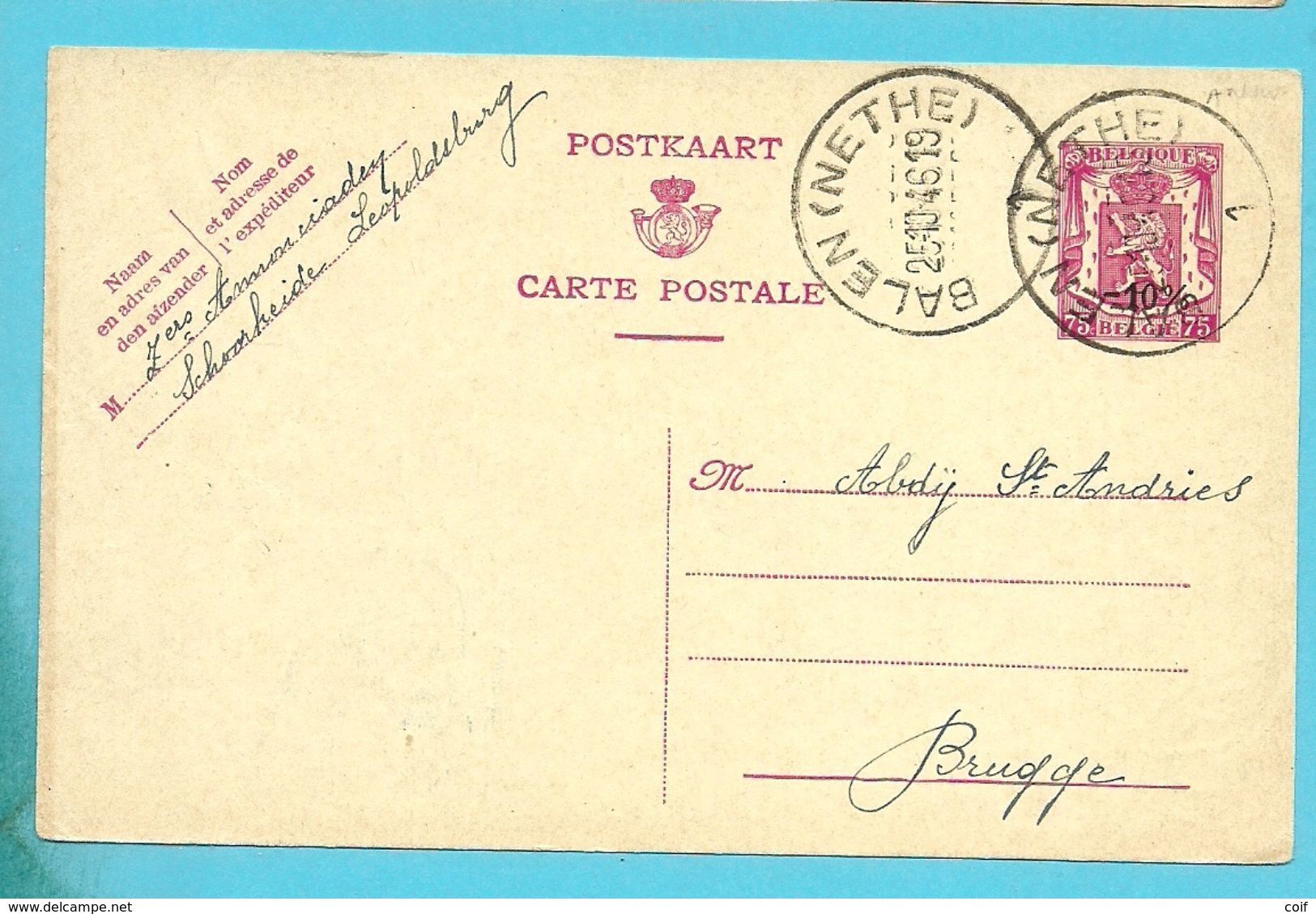 Entier "-10%" Met Stempel BALEN (NETHE) - 1946 -10%