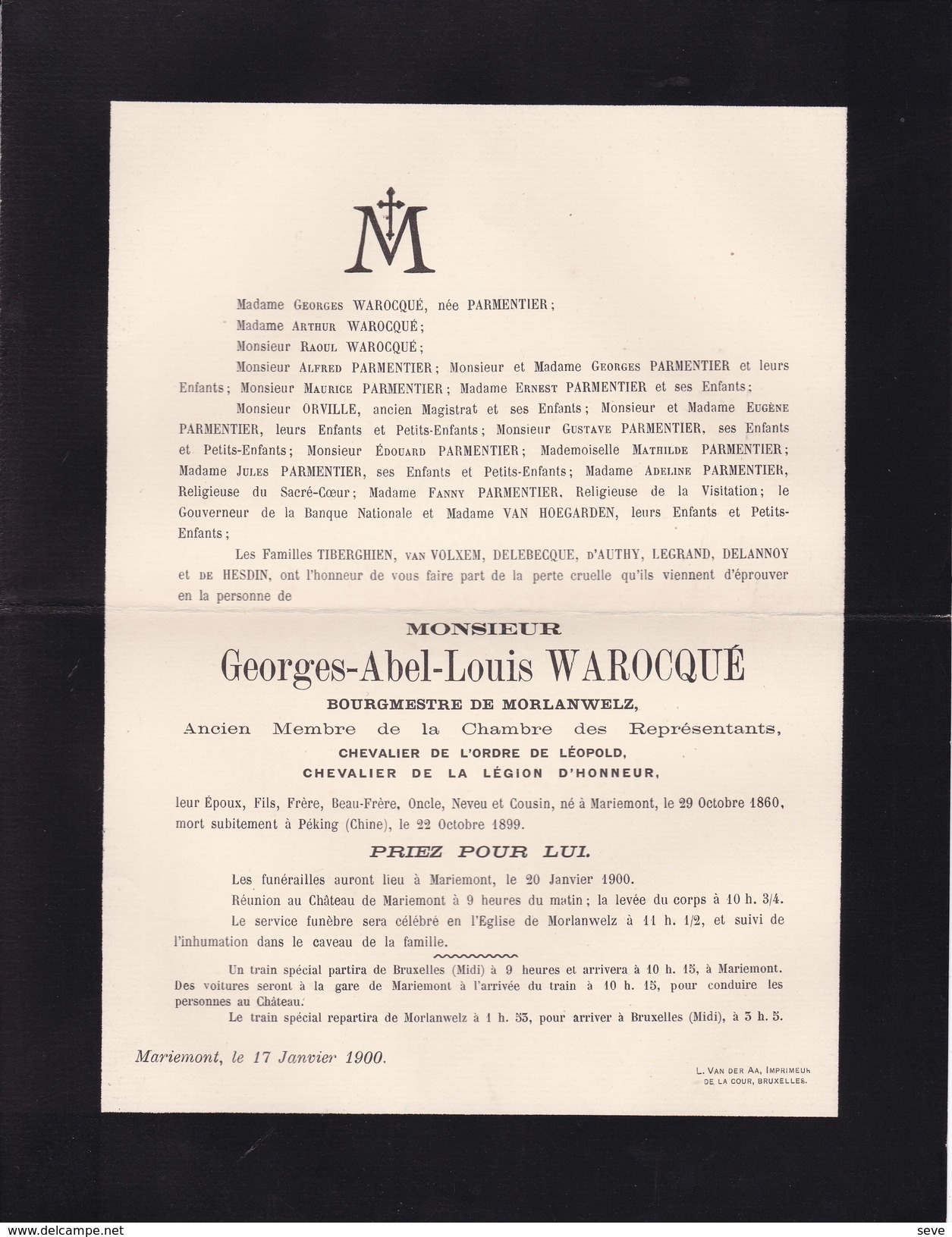 MORLANWELZ Georges WAROCQUE Bourgmestre Député Mariemont 1860 Pékin 1899 Faire-part PARMENTIER VAN HOEGAERDEN - Obituary Notices