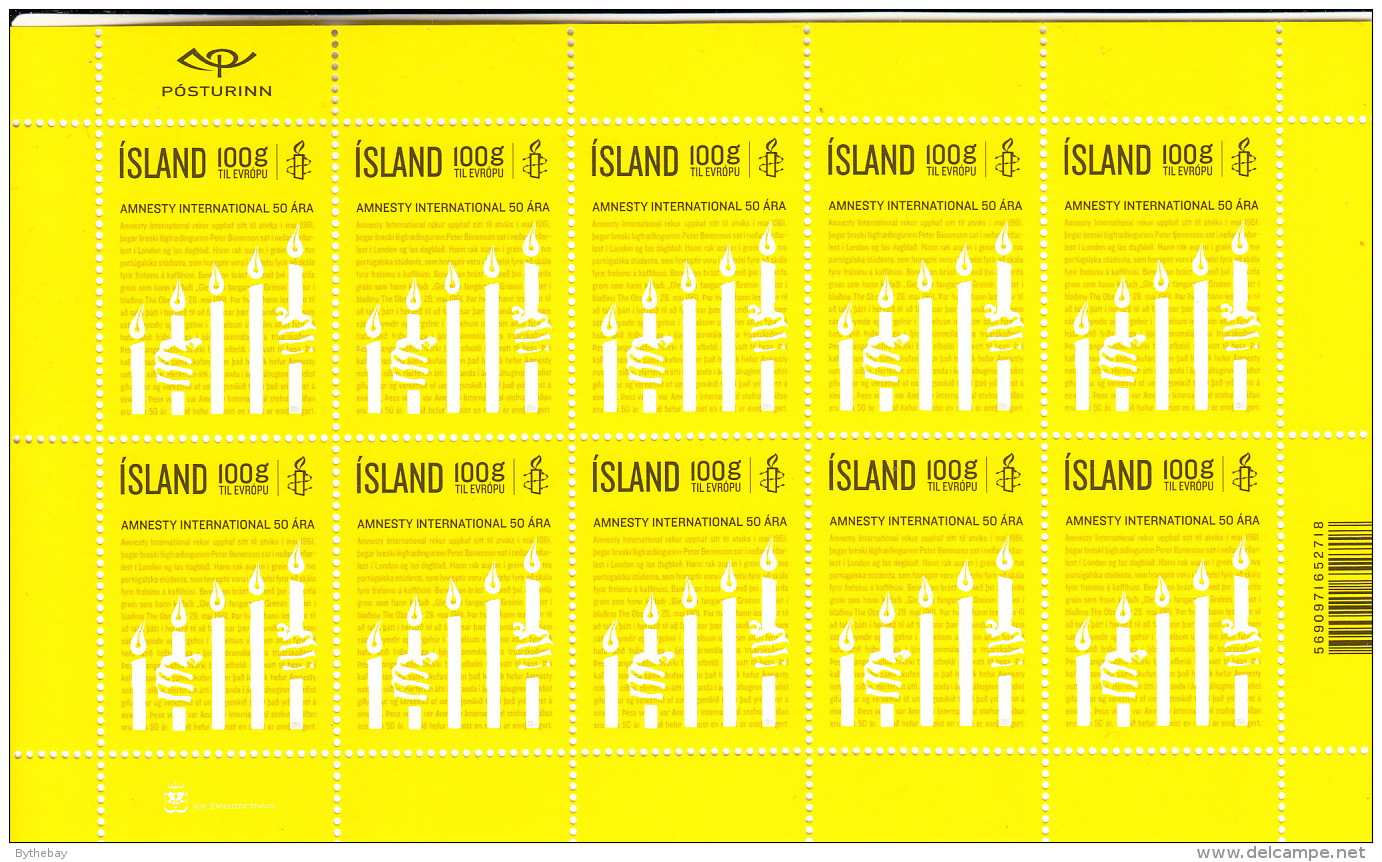 Iceland 2011 MNH Minisheet Of 10 Amnesty Inernational 50 Years - Blocs-feuillets