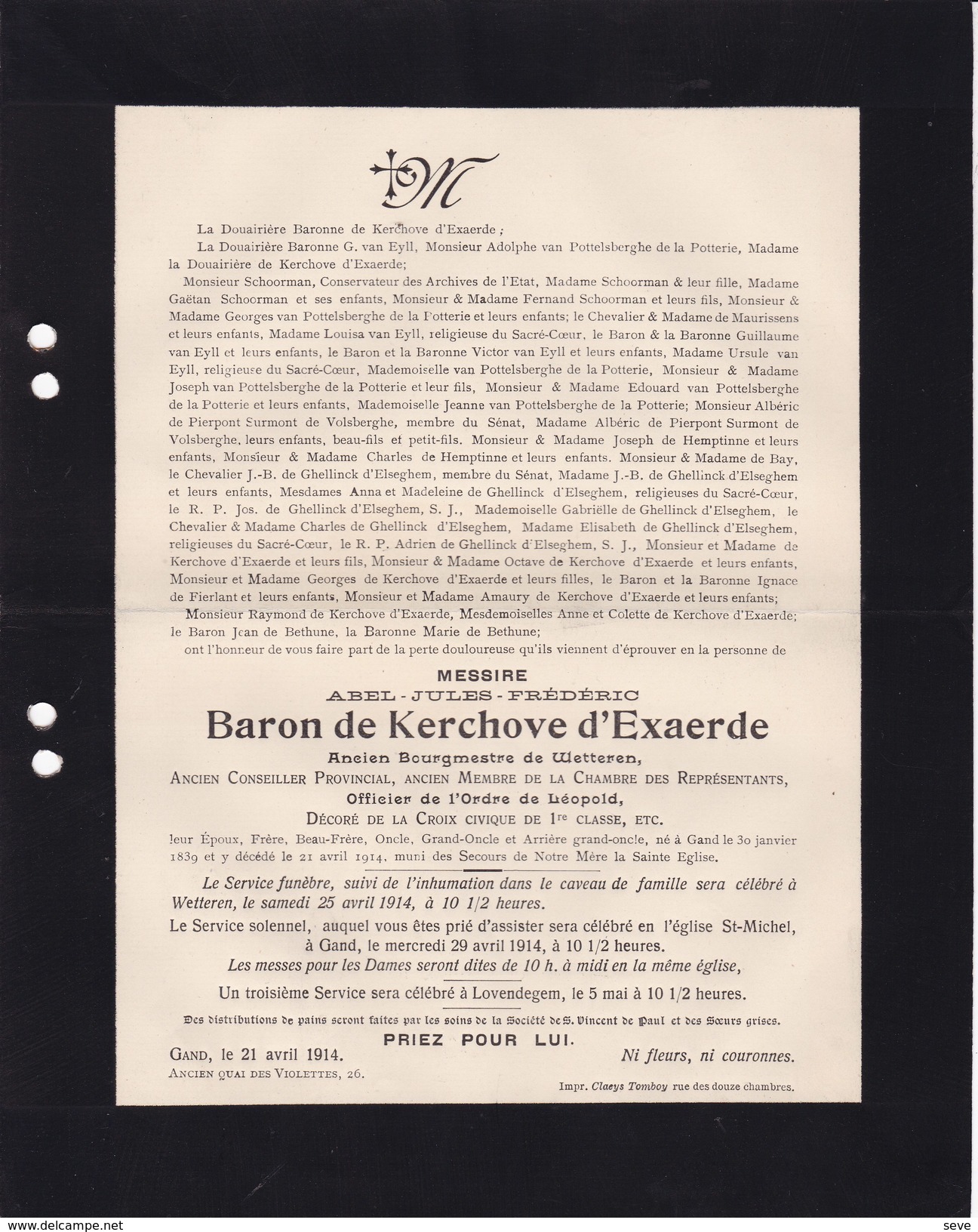 WETTEREN Burgemeester Abel Baron De KERCHOVE D'EXAERDE Ancien Député Gand 1839-1914 - Décès