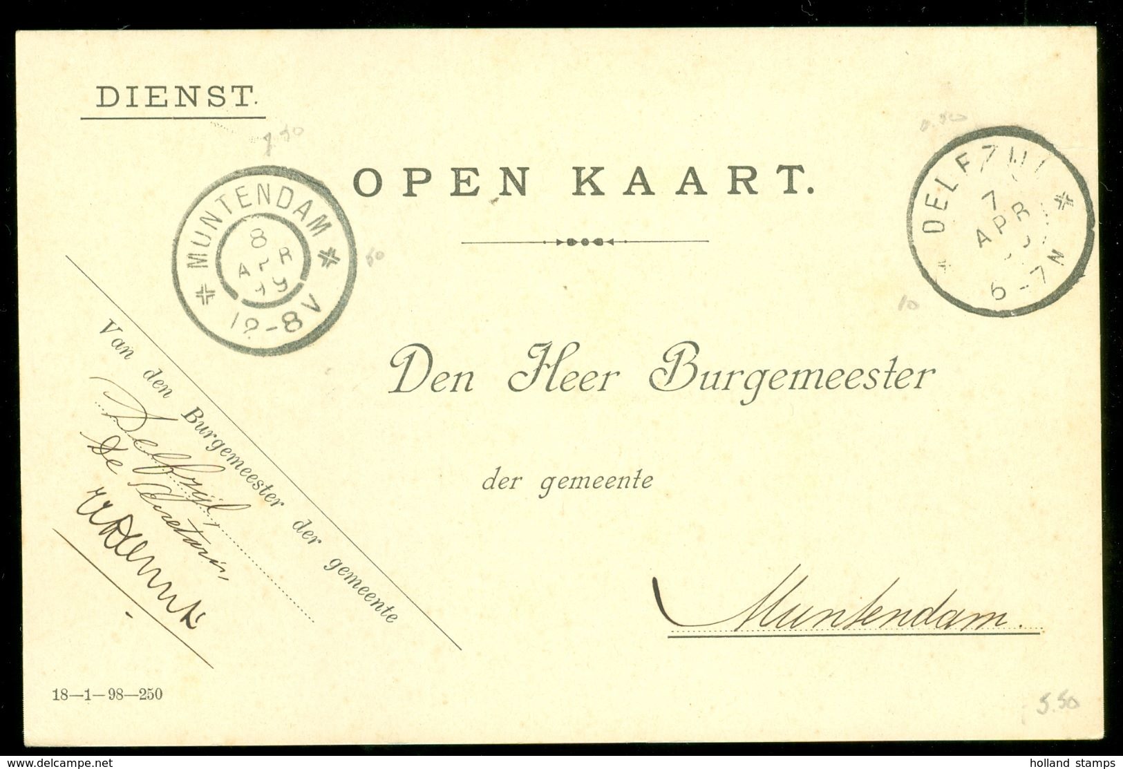 HANDGESCHREVEN BURGEMEESTERSKAART Uit 1899 Van DELFZIJL Naar BURGEMEESTER Te GROOTRONDSTEMPEL MUNTENDAM (10.656d) - Brieven En Documenten