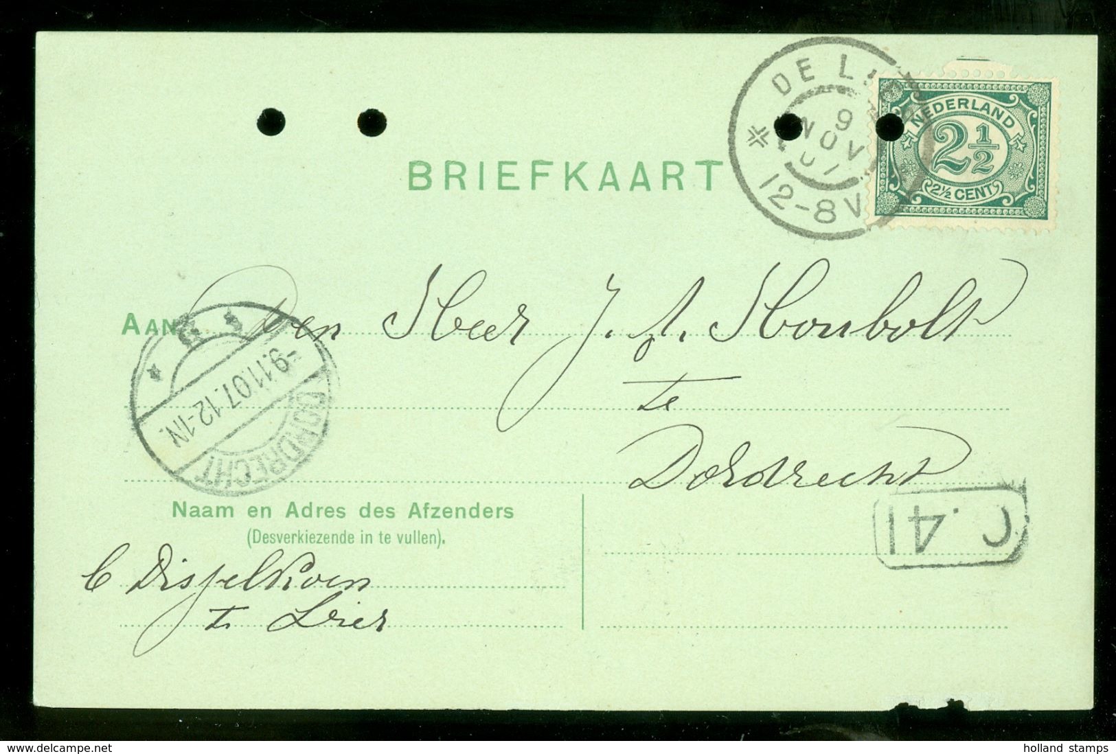 HANDGESCHREVEN BRIEFKAART Uit 1907 NVPH 55 Van DISSELKOEN Te DE LIER Naar DORDRECHT  (10.656n) - Brieven En Documenten