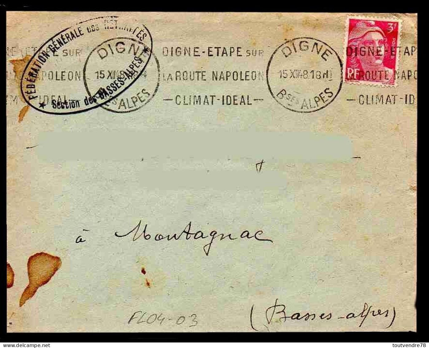 FL04-03 : Dept 04 (Alpes De Haute-Provence) DIGNE 1948 > FL Texte Continu / Route NAPOLÉON - Tarifs Postaux