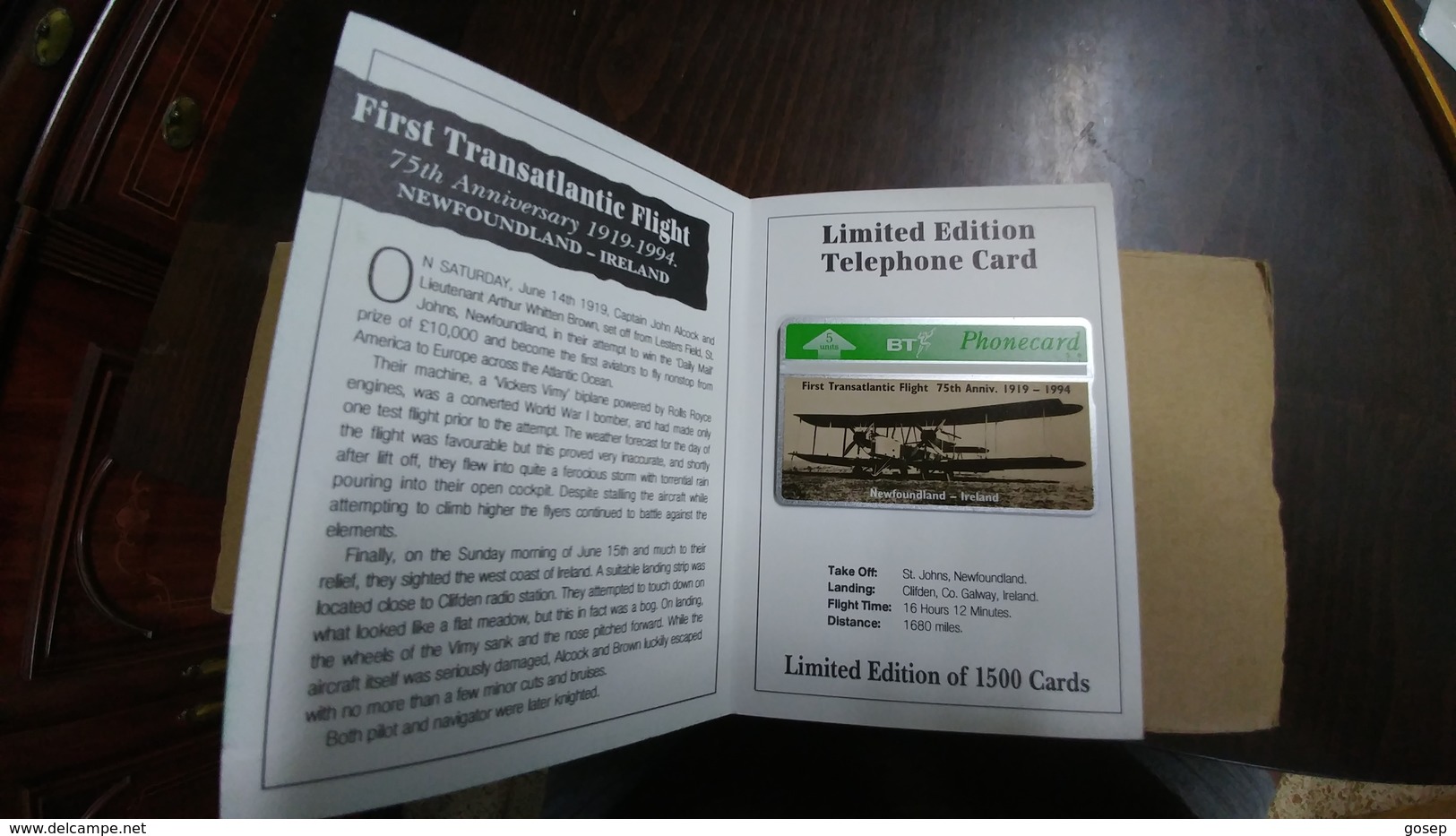 United Kingdom-(bto080)1st Transatlantic Flight(5units)(407l)tirage1.406mint+1card Prepiad Free-(price Cataloge-10.00£ - BT Overseas Issues