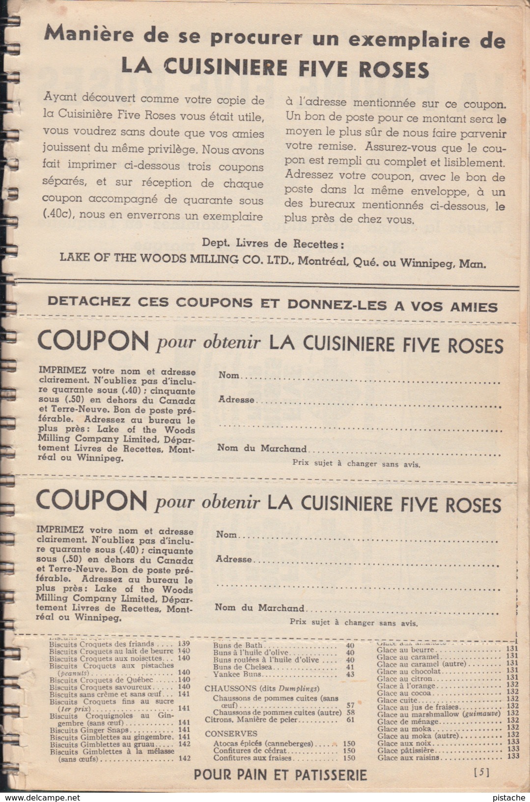 Vintage - La Cuisinière Five Roses - Livre Recettes En Français - Édition 1939 - 152 Pages - Reliure Boudins - État TB - Gastronomie