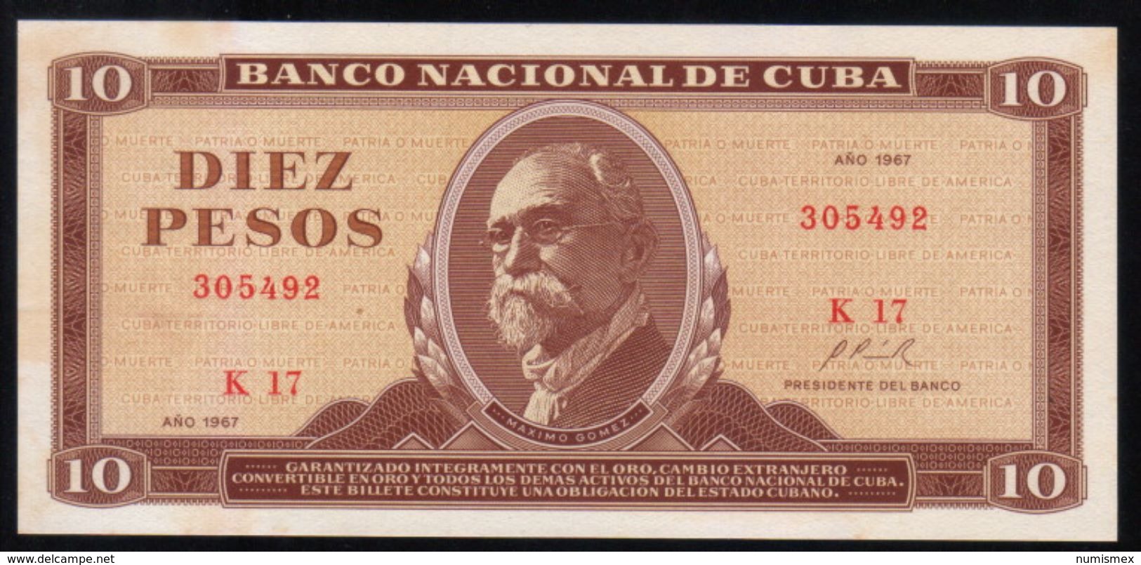 C / 10 PESOS 1967 Serie K17 305492 PICK 104a UNC - Cuba