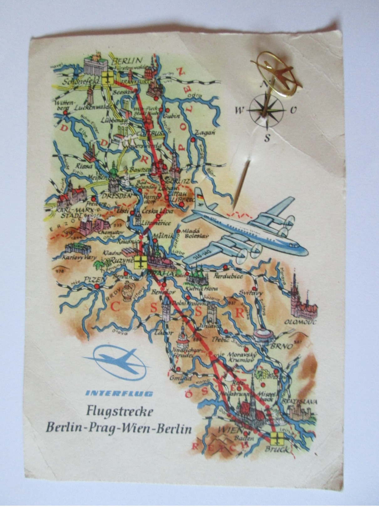 Interflug/Berlin-Prag-Wien-Berlin,DDR/Communist Germany Unused Postcard With Badge From The 70s - Aerodromi