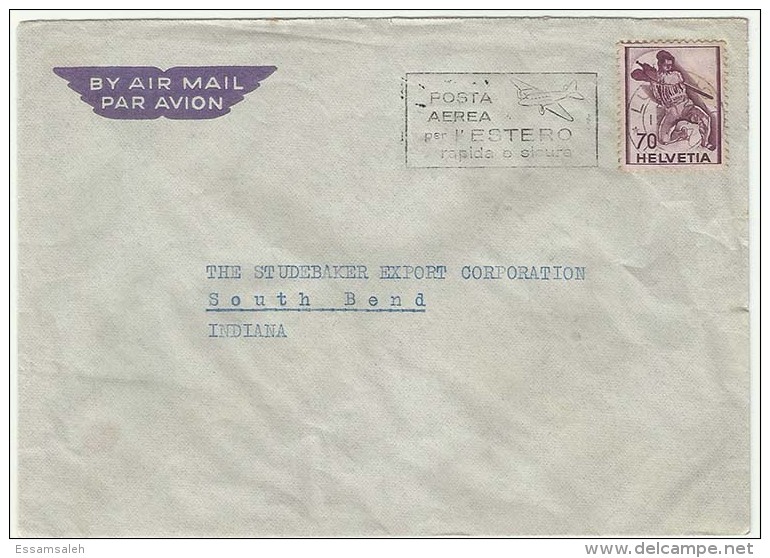 CHCV021 Switzerland 1947 Lugano Airmail Cover With Slogan Franking Definitive 70c Fighting Soldier Tp Indiana USA - Covers & Documents