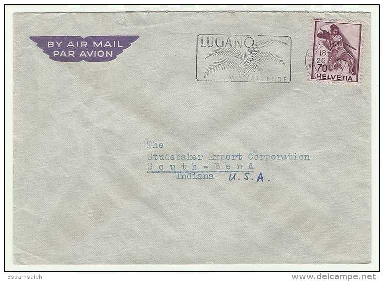 CHCV023 Switzerland 1947 Lugano Airmail Cover With Slogan Franking Definitive 70c Fighting Soldier Tp Indiana USA - Covers & Documents