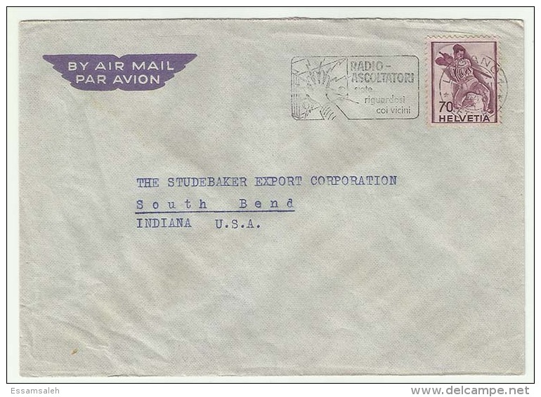 CHCV024 Switzerland 1947 Lugano Airmail Cover With Slogan Franking Definitive 70c Fighting Soldier Tp Indiana USA - Covers & Documents