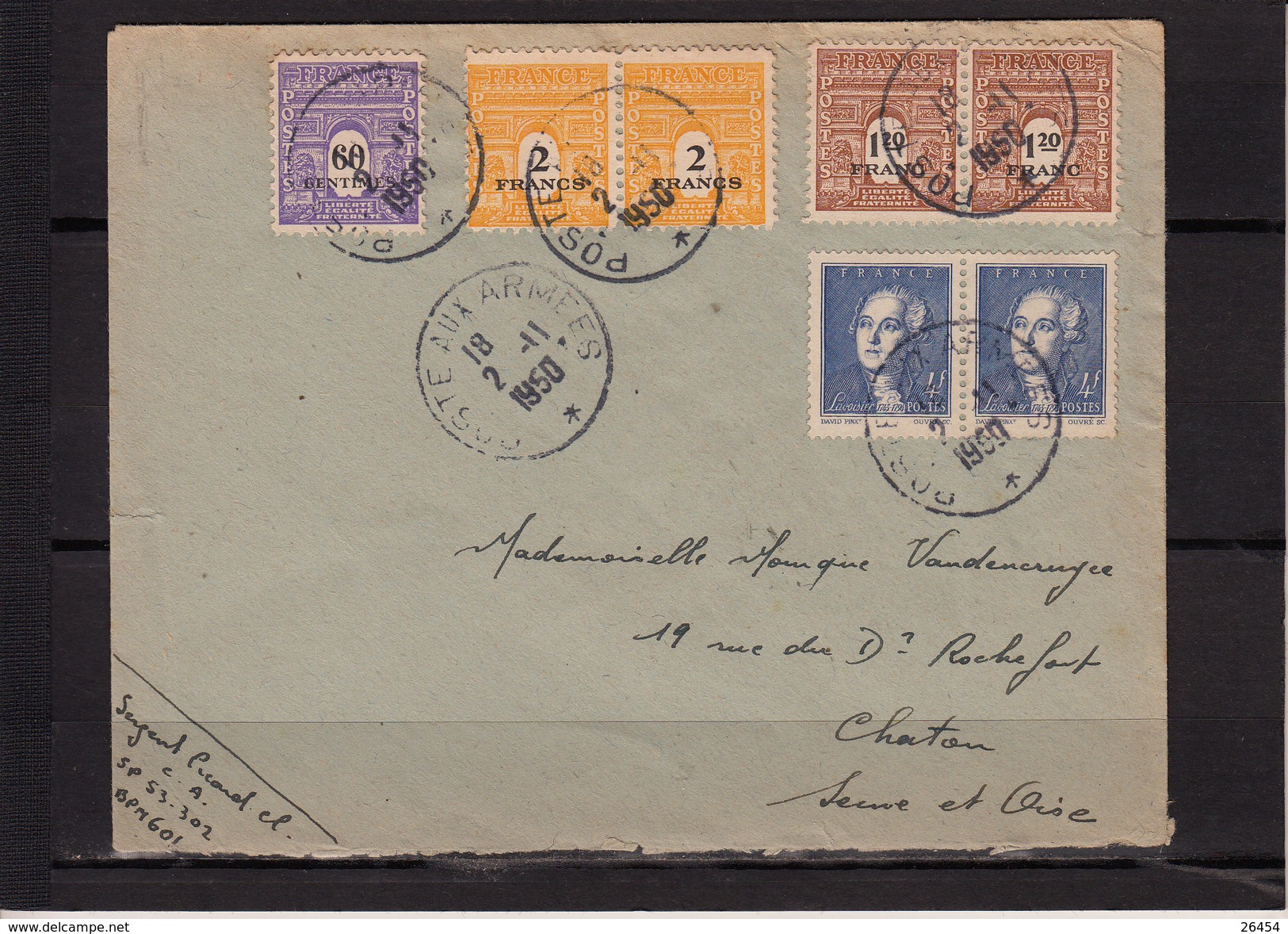 Lettre ARC De TRIOMPHE 1f20 Brun + 2f Jaune  + A.L. De LAVOISIER 4F  " 3  PAIRES " + 60c Violet Seul  1950 MILITARIA - 1944-45 Triomfboog