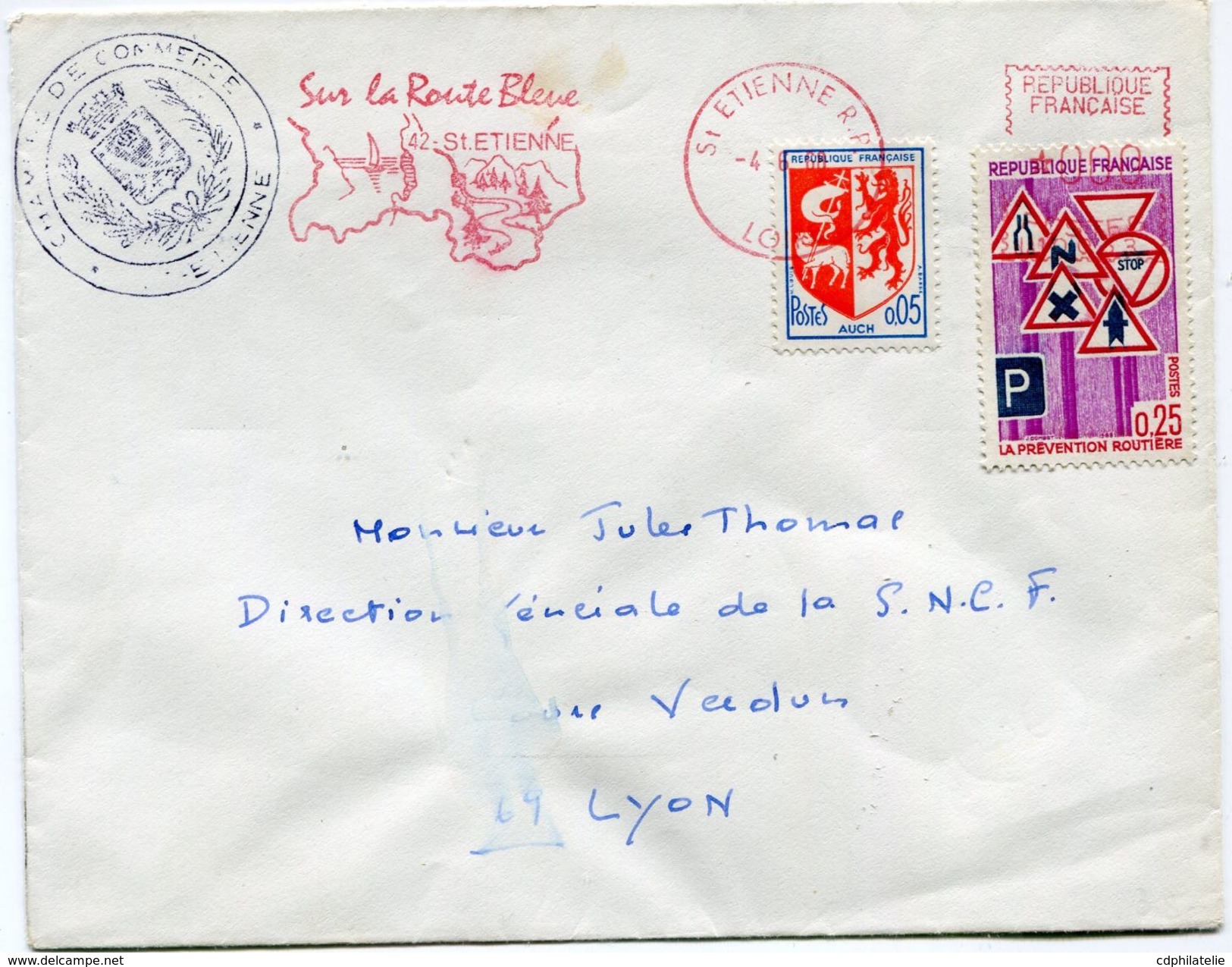 FRANCE LETTRE AVEC LE CACHET DE LA CHAMBRE DE COMMERCE DE SAINT-ETIENNE GREVE DE 1968 OBLITERATION ST ETIENNE 4-6-68 - Documenti