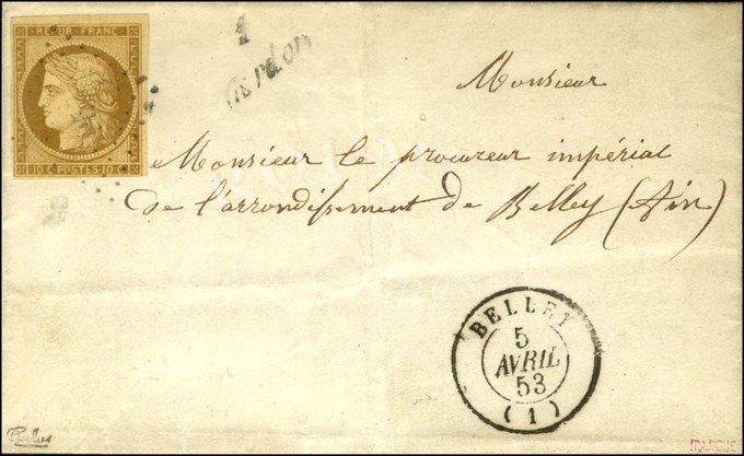 PC 677 / N° 1 (filet Effleuré Non Touché) Càd BELLEY (1) Sur Lettre Avec Texte Daté D'Yzieu Le 4 Avril 1853. - TB. - R. - 1849-1850 Ceres