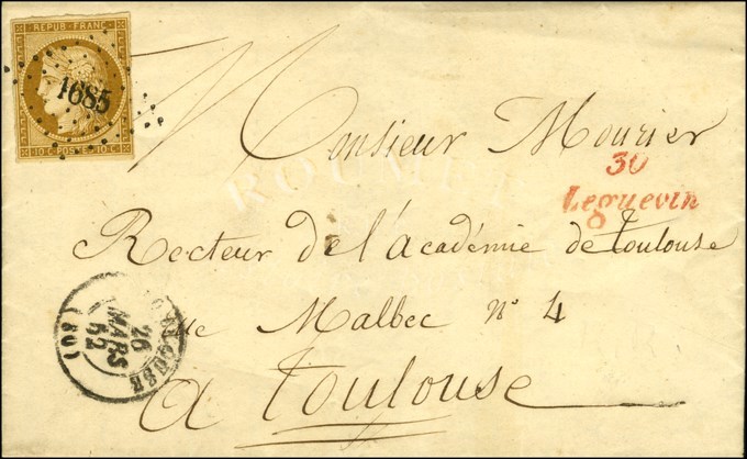 PC 1685 / N° 1 Càd T 15 TOULOUSE (30) Cursive Rouge 30 / Leguevin Sur Lettre Avec Texte Daté De Brax Le 25 Mars 1852. Ex - 1849-1850 Cérès