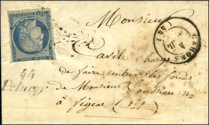 PC 2395 / N° 4 (def) Càd T 15 CAHORS (44) Cursive 44 / Pelacoy (rare) Sur Lettre Avec Texte Daté De Maxou Pour Figeac. 1 - 1849-1850 Cérès