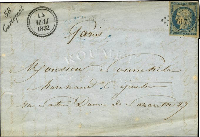 PC 617 / N° 4 Cursive 58 / Carlepont, Dateur B. 1852. - SUP. - R. - 1849-1850 Cérès