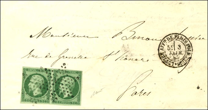 Etoile / N° 12 Paire (vert Foncé Sur Vert) Càd LETTRE AFFie DE PARIS POUR PARIS. 1855. - TB / SUP. - 1853-1860 Napoléon III