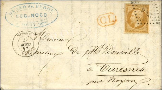 PC 2306 / N° 13 Càd T 15 NOYON (58) Sur Lettre Avec Texte En Port Local Pour Varesnes. A Coté Cachet Rouge Encadré CL. 1 - 1853-1860 Napoléon III