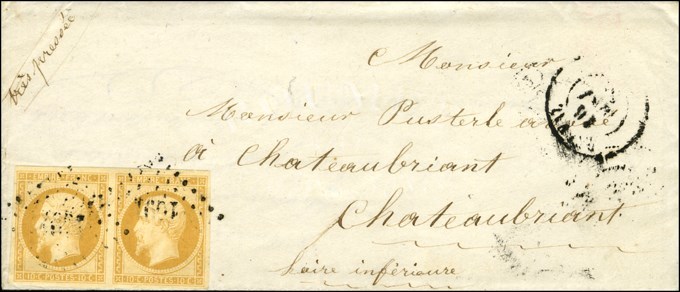 PC 1091 / N° 13 Paire (nuance Citron) Càd T 15 DERVAL (42) Sur Enveloppe Avec Texte Pour Chateaubriant. 1858. - TB. - 1853-1860 Napoleon III