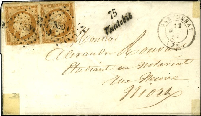 PC 3504 / N° 13 Paire (1 Ex Filet Effleuré) Càd T 15 PARTHENAY (75) Cursive 75 / Vautebis. 1853. - TB. - 1853-1860 Napoleon III