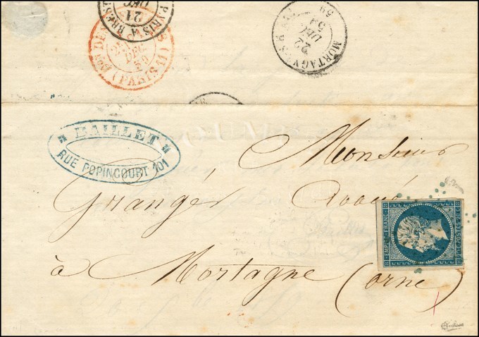 Etoile Bleue / N° 14 Càd Rouge DON DES LETTRES / (PARIS 11) En Départ (apposé Au Verso) Sur Lettre Pour Mortagne. 1859.  - 1853-1860 Napoleon III