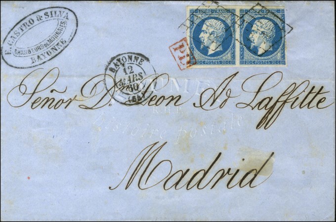 Grille / N° 14 (paire, 1 Ex. Def) Càd T 15 BAYONNE (64) Sur Lettre Pour Madrid. 1860. - TB / SUP. - R. - 1853-1860 Napoleon III