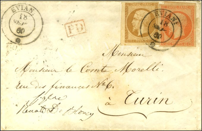 Càd Sarde EVIAN * / N° 13 + 16 Sur Lettre Pour Turin. 1860. Exceptionnelle Combinaison. - TB / SUP. - RR. - 1853-1860 Napoleon III