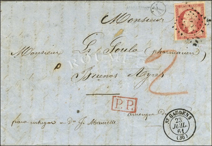 PC 3072 / N° 17 A Càd T 15 ST GAUDENS (30) B. Rur K Sur Lettre Avec Texte Daté De Miramont Pour Buenos Aires. 1861. - TB - 1853-1860 Napoleon III