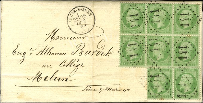 GC 141 / N° 20 (bloc De 6 + Paire (infime Froissure)) Càd T 16 ARCIS-S-AUBE (9) Sur Lettre 2 Ports Pour Melun. 1868. Exc - 1862 Napoleon III